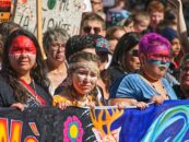 Indigenous women at a climate march in Montreal, Canada, photo by Pascal Bernardon