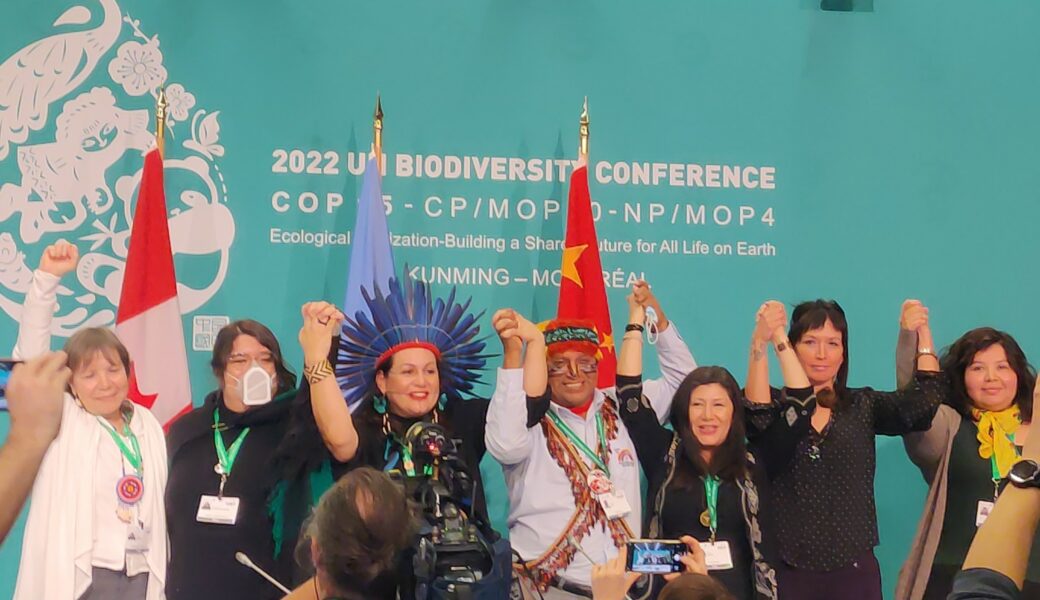 indigenous leaders holding hands at the united nations biodiversity conference in montreali in december 2022