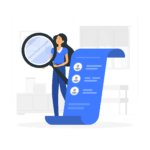woman holding magnifying glass, standing next to a blue list