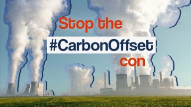 smoke stacks and text that says "stop the carbon offset con"