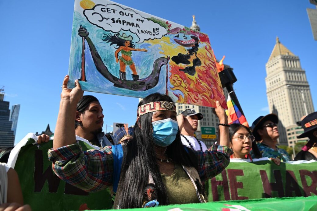 indigenous women leaders marching in the street