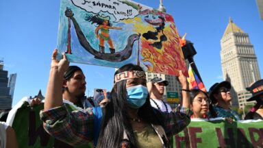 indigenous women leaders marching in the street